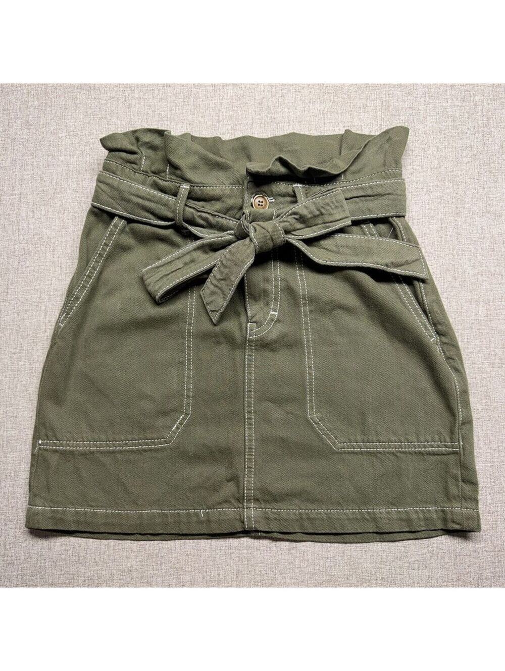 Free People Olive Green Paperbag Waist Utility Mini Skirt with Tie Belt Size 0